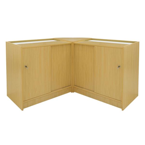 Hera LED Shop Counter Set K900, C900 & CM60 in maple finish, featuring sleek design, glass display tops, and ample storage space