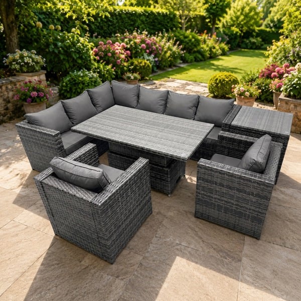 Fimous 8 seater Height Adjustable Rising Lifting Table Corner Sofa Set Rattan Garden Furniture Dining Set with Side Table Dark Grey Mixed