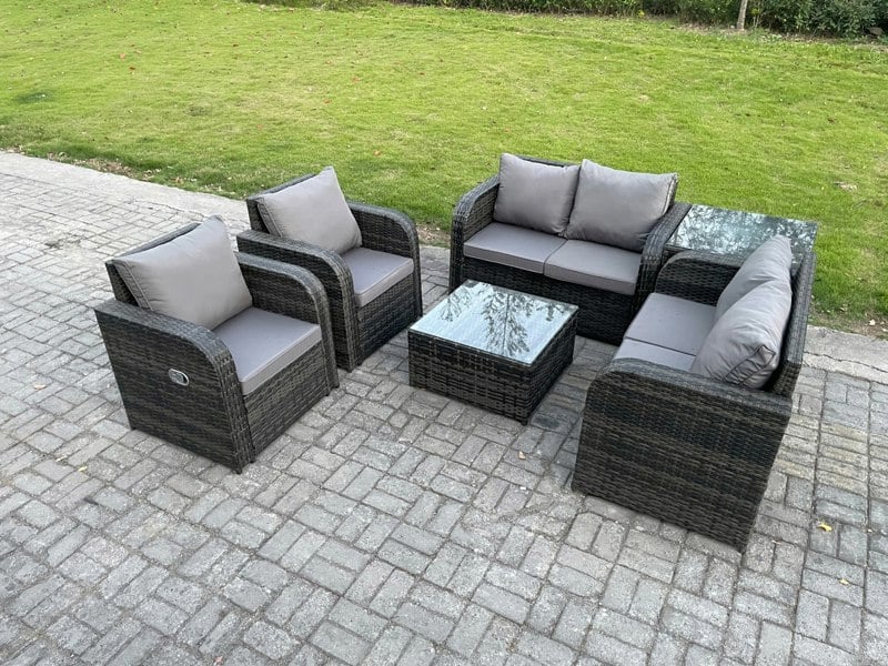 Fimous 6 Seater Rattan Sofa Set Outdoor Garden Furniture Set with Square Coffee Table Loveseat Sofa Reclining Chairs Side Table Dark Grey Mixed
