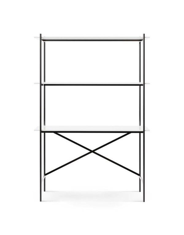 Adriana desk & bookshelf, with white glass shelves and desk top on a dark chrome frame by Gillmore British Design © GillmoreSPACE Ltd