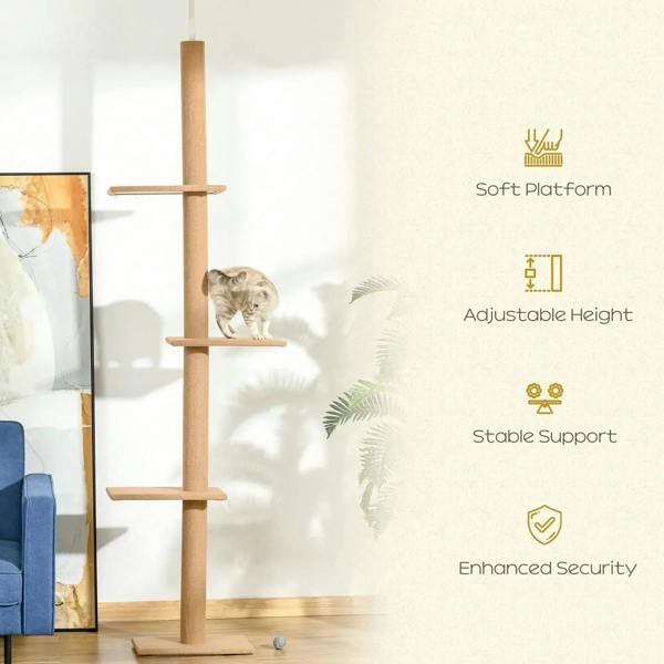 Brown cat tree with soft platform and adjustable height on a sturdy base