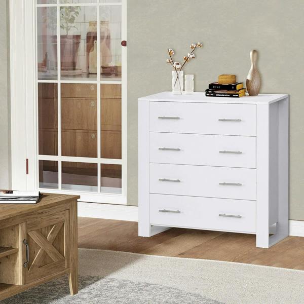White 4-drawer storage cabinet with metal bar handles and open standing sides