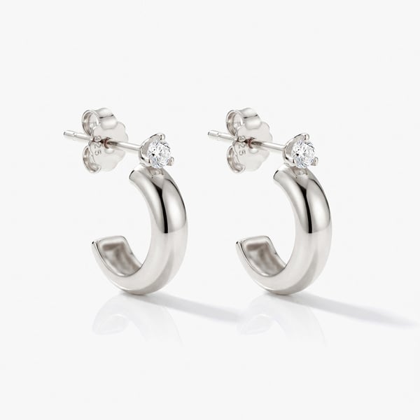 Huggie Hoop Stud Earrings With Stone in 18k Gold or Silver