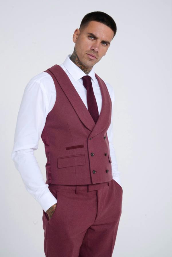 Harry Brown London Eton Wool Tweed Three Piece Slim Fit Suit in Winter Berry