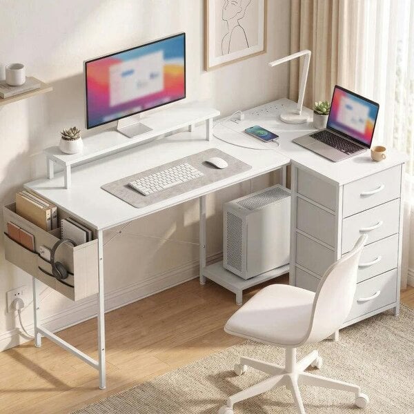 L Shaped Gaming Desk Reversible Power Outlets Corner Desk Storage Drawers Monitor Shelf 150 cm White