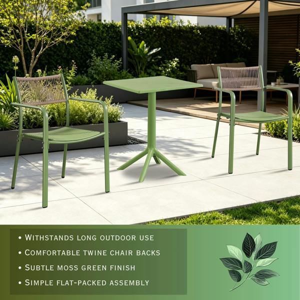 Core Products 3 Piece Bistro Garden Set, Pair Of Rope Back Armchairs & Square Plastic Table, Moss Green