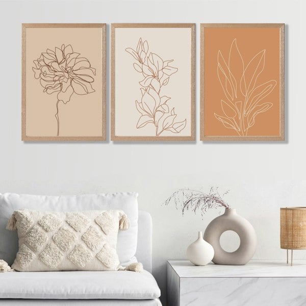 Set of 3 Minimalist Floral Beige Terracotta Framed Art Prints with Oak Frames