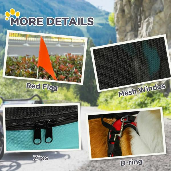 Bike dog trailer details: mesh windows, zips, and D-ring attachment point