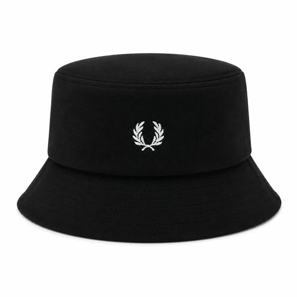 Black Fred Perry piqué bucket hat with white embroidered laurel wreath logo.