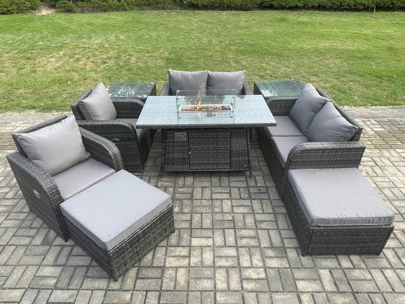 Fimous Rattan Outdoor Garden Furniture Set with Gas Fire Pit Table, 2 Sofas, 2 Reclining Chairs, 2 Side Tables, 2 Footstools - 8 Seater - Dark Grey