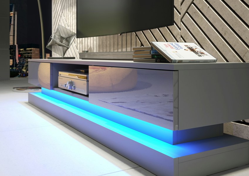 Mex Furniture 180cm Modern TV Unit with Grey High Gloss Doors & Free LED Lighting