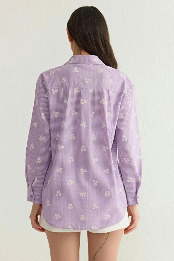 WOVCOR Striped Floral Pattern Cotton Oversize Woven Shirt