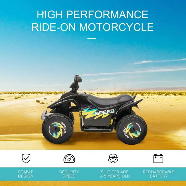 Black ride-on car with SPEED decals, chunky tires, and handlebar under open sky