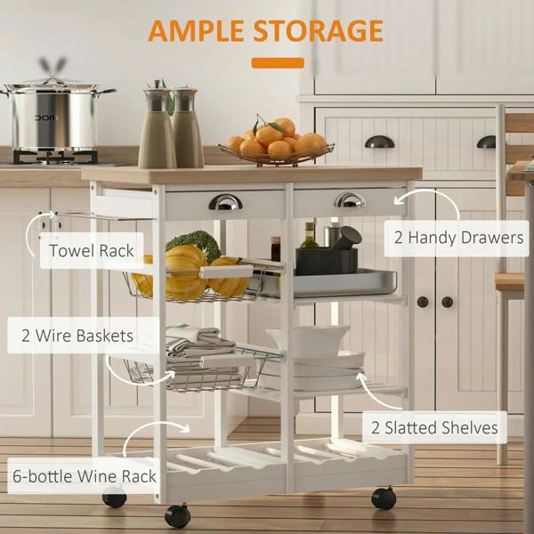 White kitchen trolley cart with towel rack, wire baskets, drawers, and wine rack