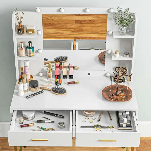 White vanity desk set with lighted mirror, drawers, and side storage shelves
