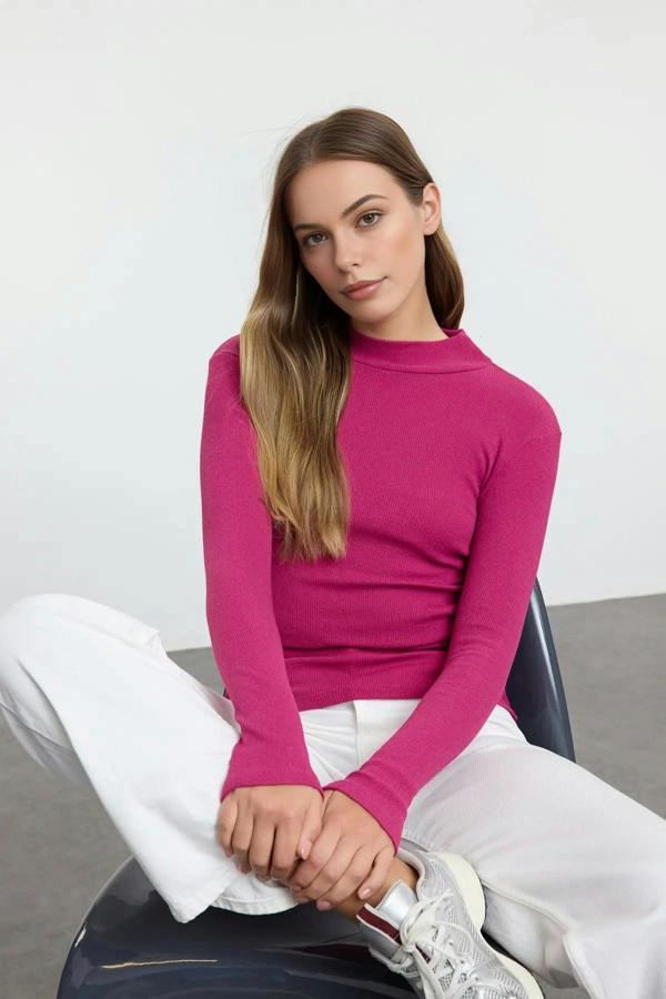 WOVCOR Fitted Stand Collar Long Sleeve Ribbed Knit Blouse