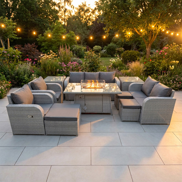 Fimous 10 Seater Rattan Garden Furniture Set with Fire Pit Dining Table, 2 Reclining Chairs, 2 Sofas, 3 Stools & 2 Side Tables - Light Grey