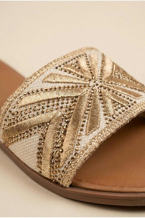 Octavia Geometric Woven Strap Sliders - Gold