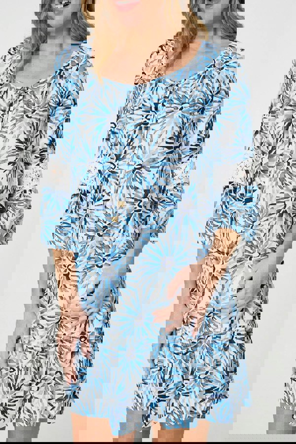 Blue | Floral Lace 3/4 Sleeve Short Shift Dress
