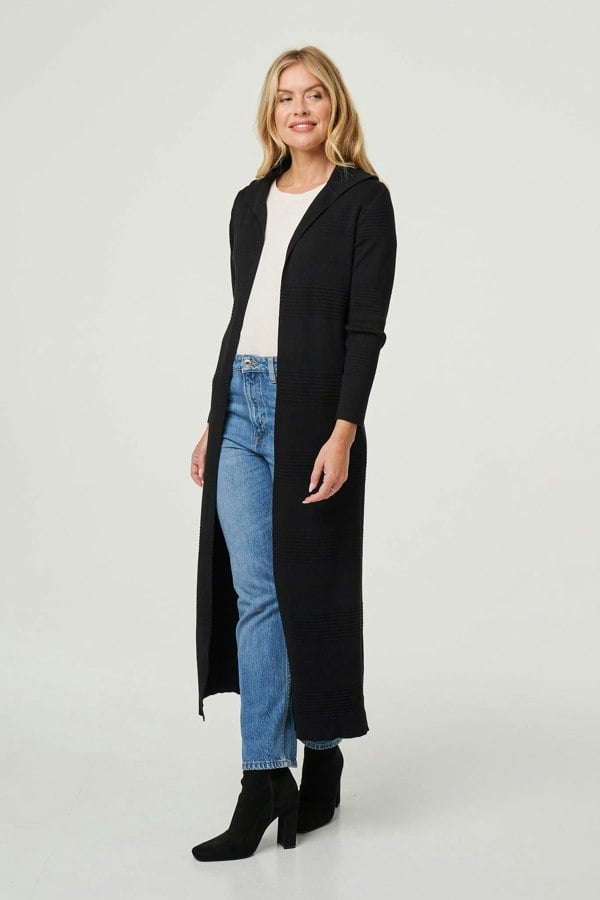 Black | Hooded Open Front Longline Coat
