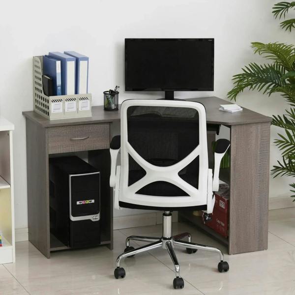 Grey L-shaped corner desk with monitor area, CPU storage, and side shelving