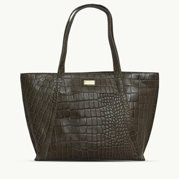 Assots London 'AGNES' Olive Croc Real Leather Designer Tote Bag