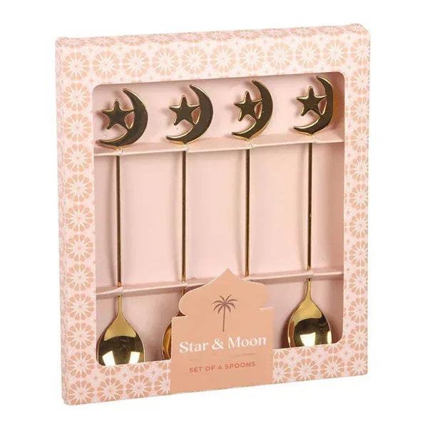 Set of 4 star-and-moon teaspoons in pink gift box packaging