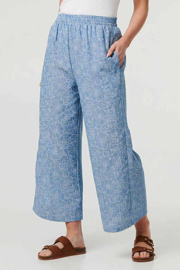 Blue | Floral Shirred High Waist Wide Trousers