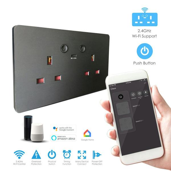 ENER-J Remote Control Wall Socket – Smart WiFi Double 13A Outlet with USB & Type-C, Alexa Compatible, Black Brushed UK Twin Socket