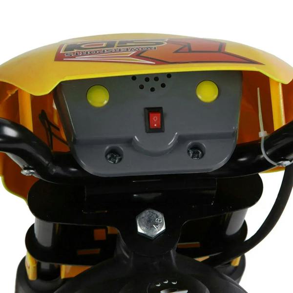 Kids electric motorcycle front dashboard with red power indicator and yellow buttons