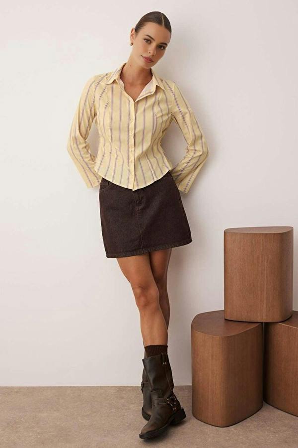 WOVCOR Striped Shirt with Adjustable Waist and Wide Sleeves