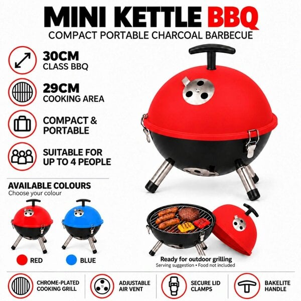 Smart Living Mini Kettle Charcoal BBQ 30cm – Red