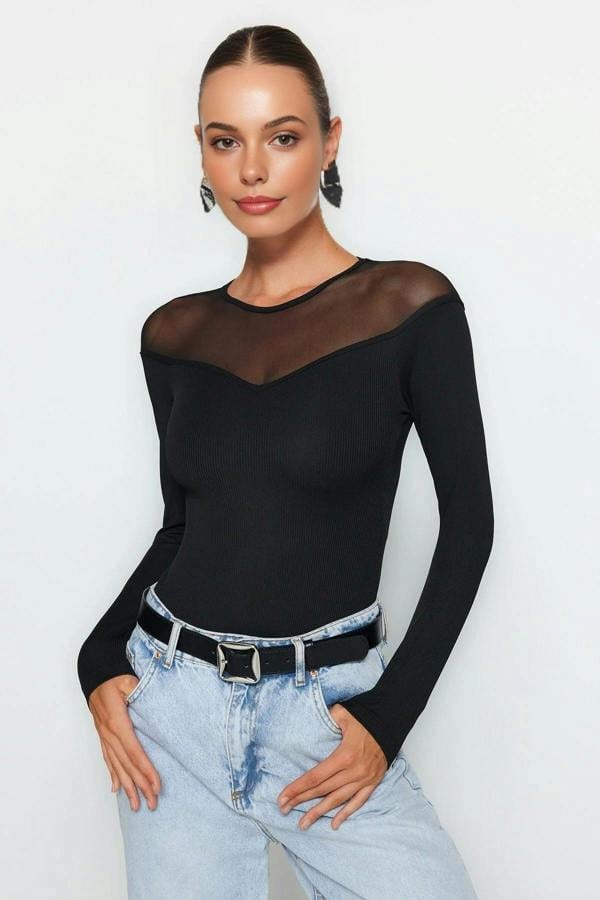 WOVCOR Tulle Detailed Heart Neck Ribbed Knit Bodysuit