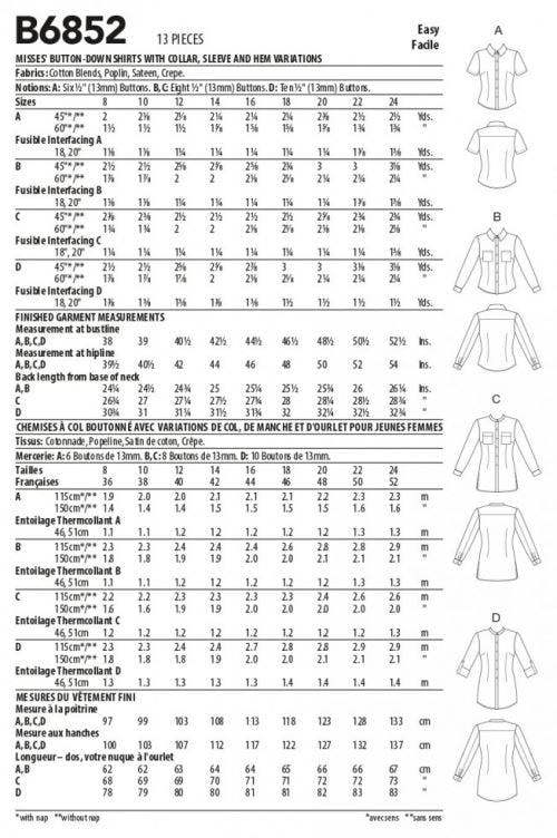 Butterick Sewing Pattern 6852, Shirts for Women, B5 (8-10-12-14-16) - Easy