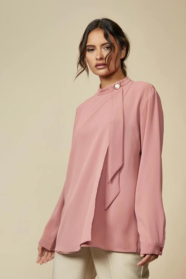Hoxton Gal Relaxed Fit High Neck Top with Brooch Details in Pink