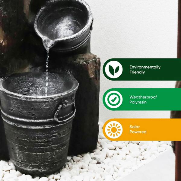 Gardenwize Solar Cascading Woodland Water Feature with Battery Backup & LED Light – Garden Fountain for Patio, Decking & Outdoor Spaces
