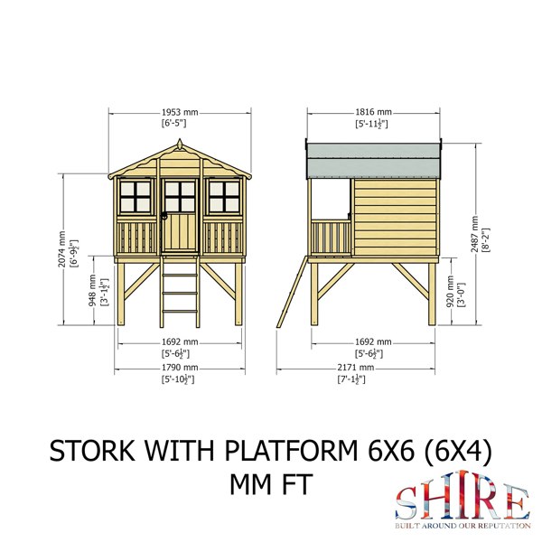 Shire Stork on platform with Slide 6x4 Childrens Playhouse with 12mm Shiplap interlocking cladding