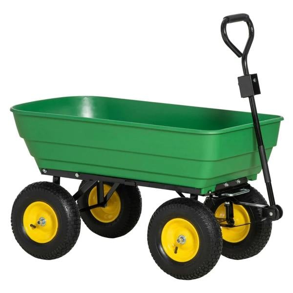 Green 4-wheel tipping garden cart with dump tub and black handle
