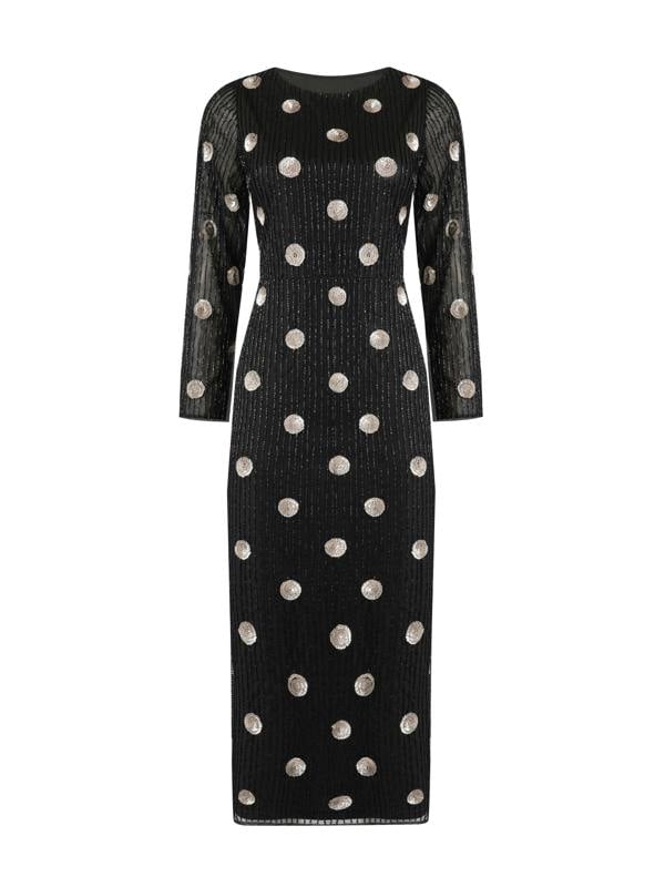 Rose & Nancy Merrin Black Polka Dot Hand Beaded Midi Dress