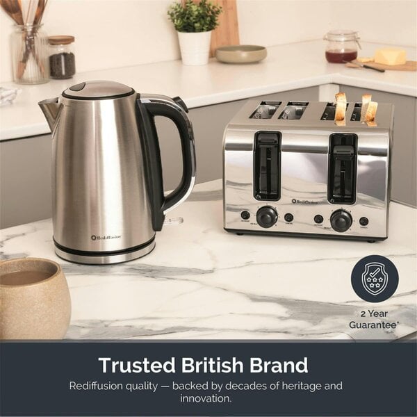 Rediffusion Brushed Stainless Steel 1.7L Kettle & 4 Slice Toaster Set