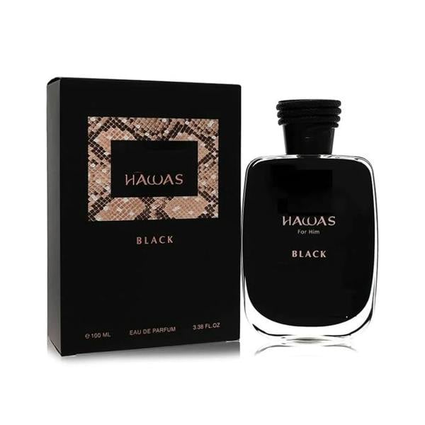 Rasasi Hawas Black For Him Eau De Parfum 100ml luxury men's fragrance bottle and box packaging