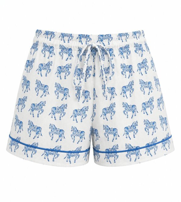 Delicate woodblock horse print short sleeve, short trousers cotton pyjamas in soft blues