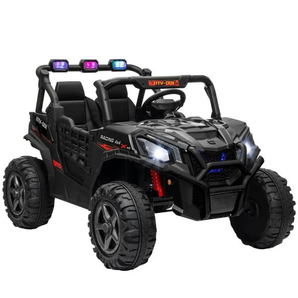 Black 2-seater kids electric ride-on car with LED headlights and chunky tires