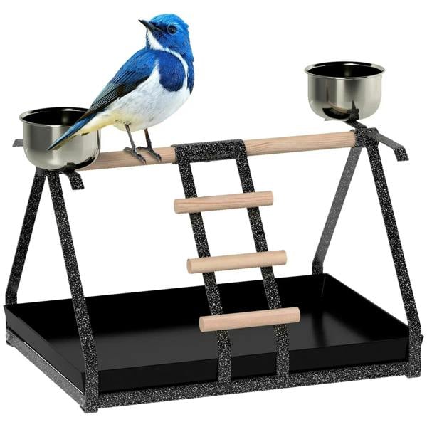 Black bird feeding stand with wood ladder, removable tray and two stainless bowls