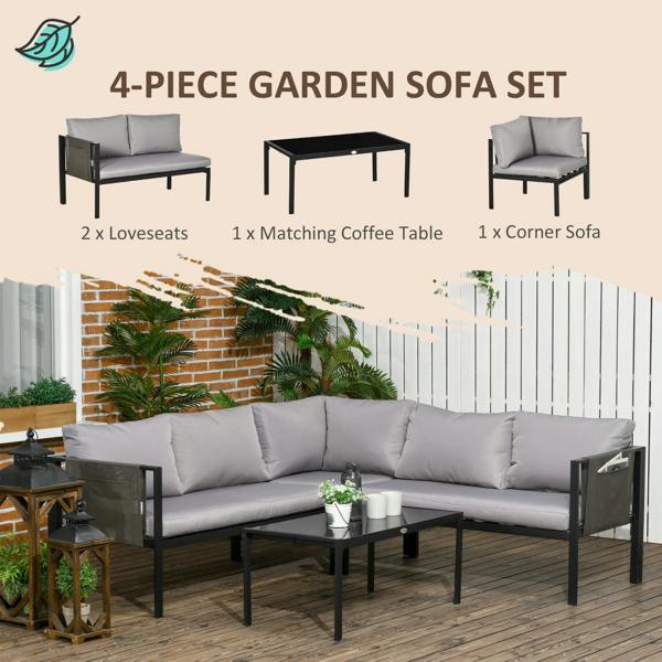 Wyld Haus Sera 5 Seater Light Grey Garden Corner Sofa Set L Shape with Glass Top Coffee Table