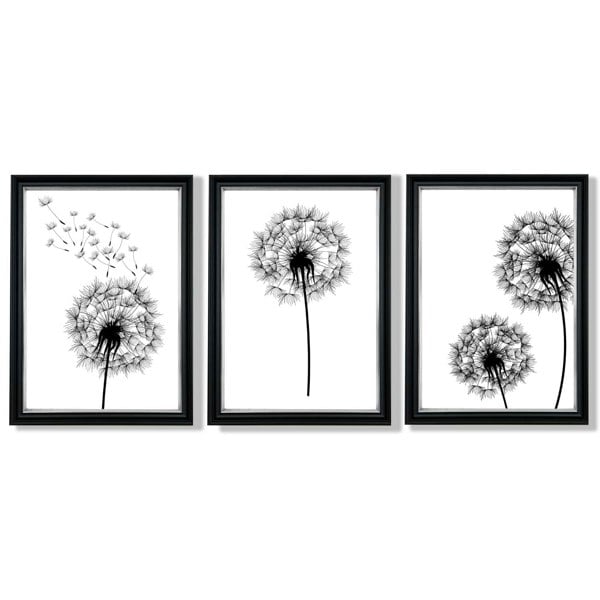 Artze Wall Art DANDELIONS Set of 3 Framed Sketch Wall Art Prints