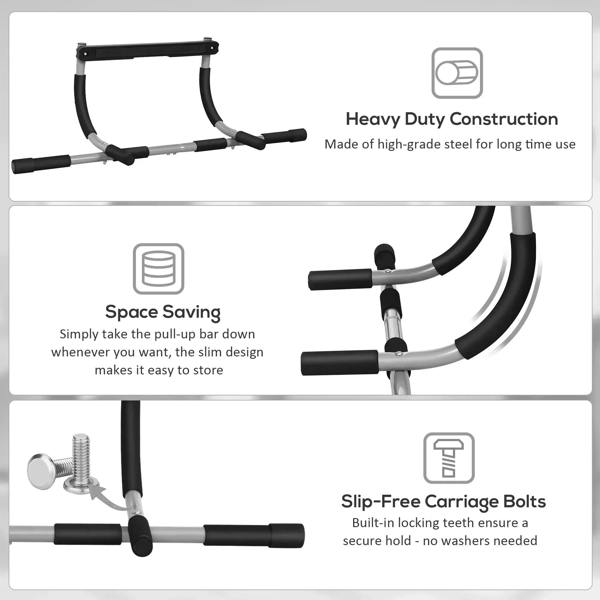 Heavy-duty doorway pull-up bar with curved silver frame and black foam grip pads