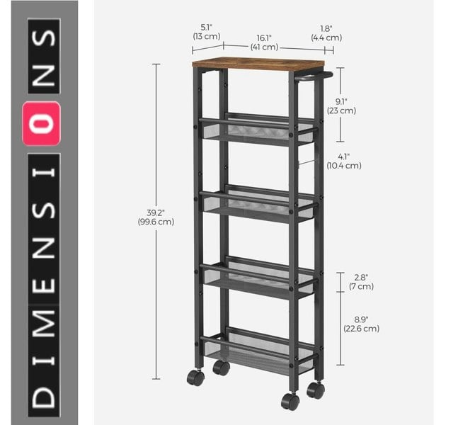 Modcraft 5-Tier Slim Rolling Trolley – Space-Saving Kitchen & Bathroom Storage Cart with Castors