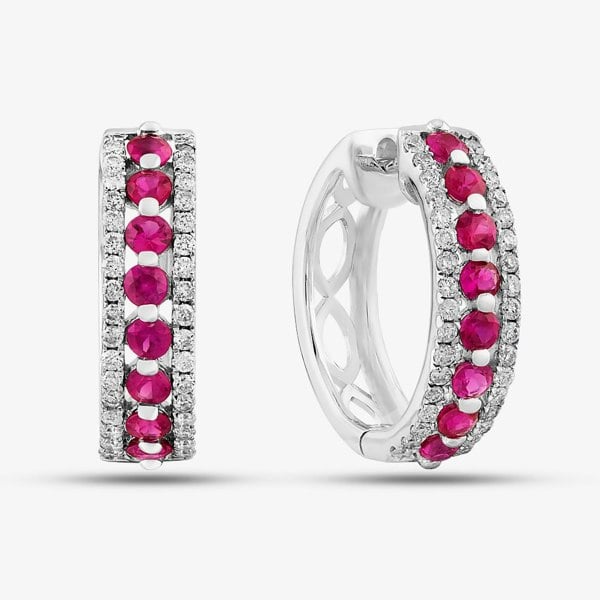 T. H. Baker 9ct White Gold Ruby and Diamond Three Row Hoop Earrings PE04865 RU