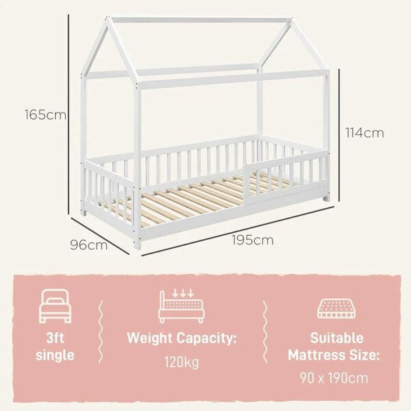 House-Shaped Kids Bed Frame with Guard Rails, Solid Pine Wood Single Bed Frame for Kids Boys and Girls